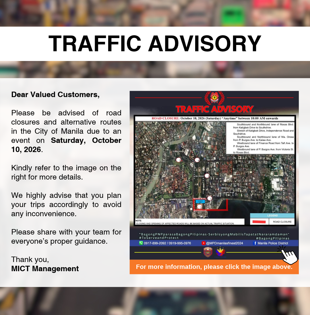 Advisory Traffic Advisory: Road Closures in the City of Manila on Saturday, October 10, 2026